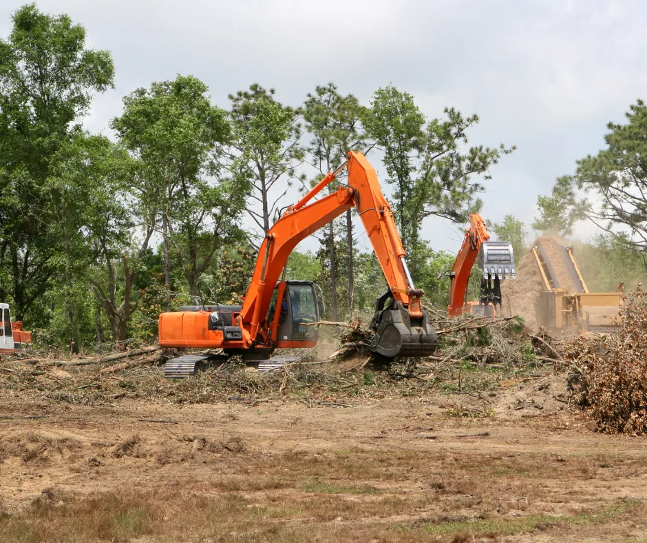 Excavators clearing trees and brush from a lot, land clearing in Picayune, MS